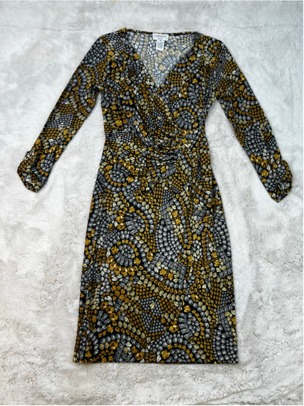 Carmen Marc Valvo Faux Wrap Dress Size XS Black Gold Vneck Ruching Stretch